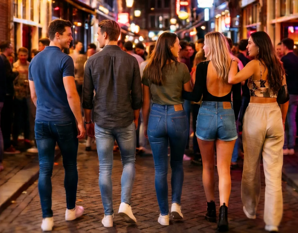 Vijf vrienden lopen 's avonds naast elkaar door een uitgaansstraat vol verlichte cafés.