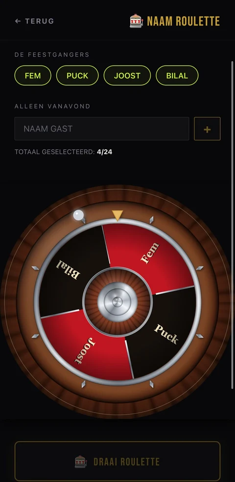 Naam Roulette in de app met Fem, Puck, Joost en Bilal.