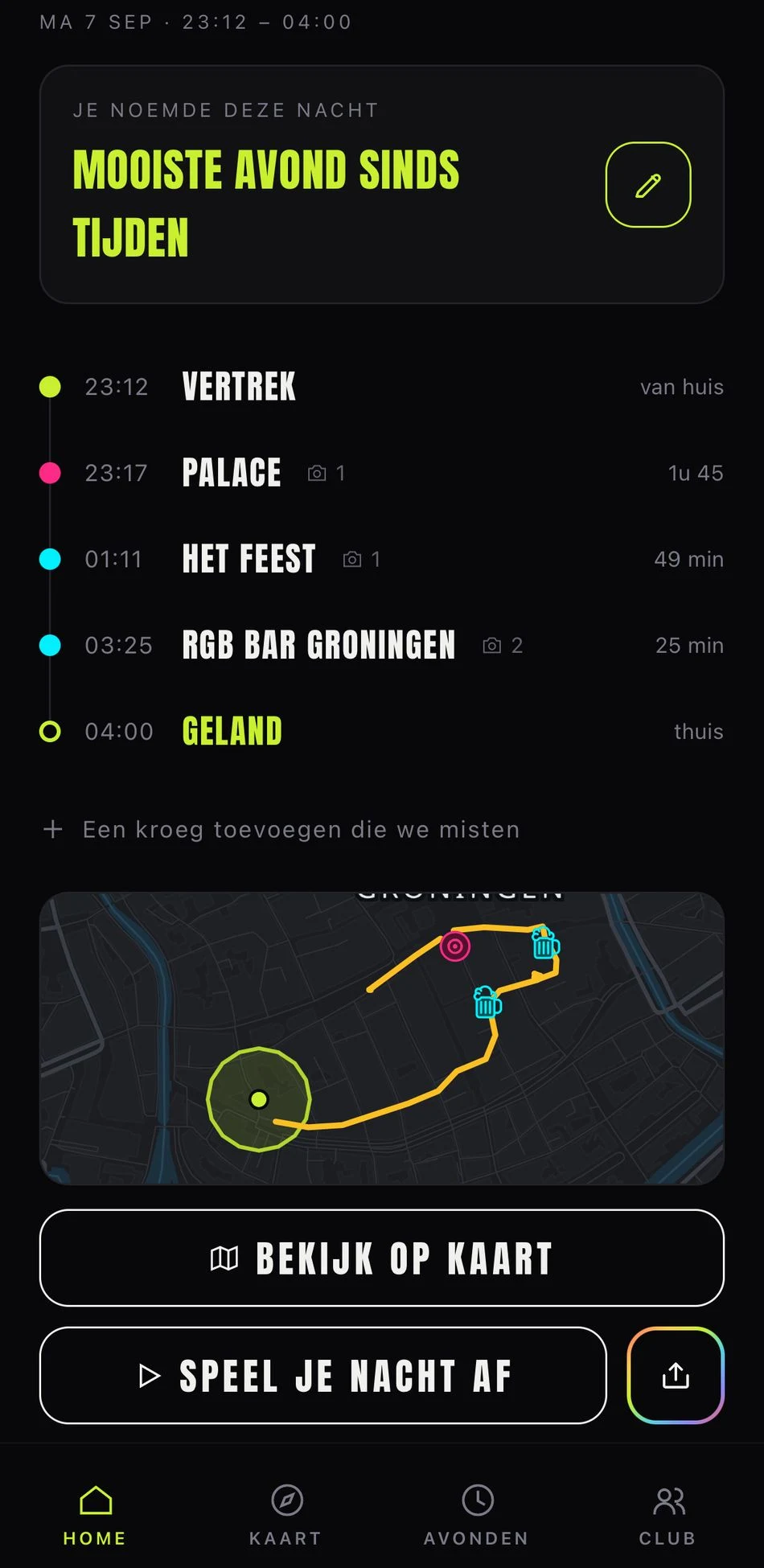 De avondrecap in JUST GO OUT: Palace, Het Feest en RGB Bar, met route en thuiskomst om 04:00.